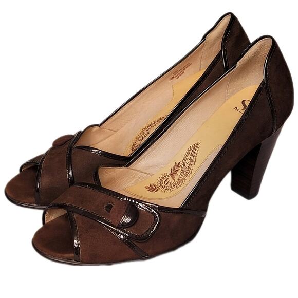 Sofft "Gabby" Brown Suede Leather Peep Toe Stacked Heel Pumps Heels Shoes sz 10 - Picture 2 of 10